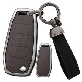 ontto Flip Car Key Fob Cover Fit for Ford Escape F150 F250 Focus Mondeo Ranger Maverick Ecosport 2 buttons Smart Key holder Alloy Leather Shell case keyring keychain protector accessories Brown B