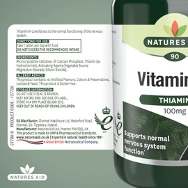 Natures Aid Vitamin B1 100mg Thiamine Tablets – High Strength Food Supplement – Supports Energy Metabolism, Nervous System, Heart & Mind – Vegan, Gluten-Free, Non-GMO – 90 Tablets