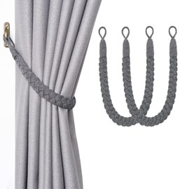 2 Pack Curtain Tie Backs, Grey Tie Backs for Curtains, Rope Curtain Tie Backs, Cotton Curtain Tiebacks, Hand Knitting, for Home Drapes And Curtain Decor Braided Curtain Tiebacks Holders (Grey)