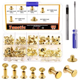 Tanstic 152Pcs(75 Sets) Chicago Screws Assorted Kit, M5 x 5/6/8/10/12mm Flat Head Leather Rivets Chicago Screws Binding Screw Posts Nail Rivet with Install Tool for Leather Craft Bookbinding(Gold)
