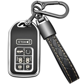 COTIYBOK for Honda Key Fob Cover Soft TPU with Leather Keychain 360 Degree Protection Key Case Shell Holder Fits for 2018-2024 Honda Odyssey Elite EXL EX EX-L LX Touring 7 Buttons Smart Key,B Black