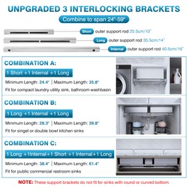 IRONWALLS 2-Pack Adjustable Undermount Sink Brackets, 24.4" to 59" Stainless Steel Bathroom Kitchen Sink Support Brackets Pole Rods, Heavy Duty Undermount Sink Repair Kit，880LBS Loading Capacity