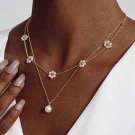 OGD OGD Layered Gold Pearl Necklaces 14K Gold Plated Dainty Layered Single Simple Pearl Choker Chain Cute Daisy Pearls Choker Necklace Set Flower Necklaces for Women Trendy Jewelry Gifts