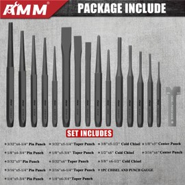 AMM 16PCS Punch and Chisel Set, including Taper Punch, Cold Chisels, Pin Punch and Center Punch, Cr-V, ideal for Working with Wood, Metal, Automotive