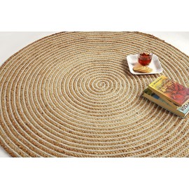 GRUHUM Handwoven 9ft Jute Area Rug Natural Fiber Cotton Round Boho Farmhouse Rustic Vintage Soft Braided Reversible Eco Friendly Rugs- Indoor Outdoor Kitchen Bedroom Living Room Hallways (9'ft Round)