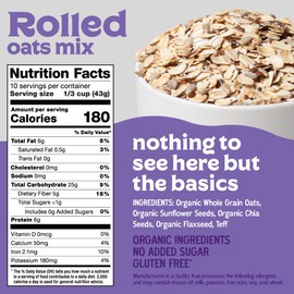 Easy Morning Rolled Oatmeal Mix, Organic Ingredients, Naturally Gluten-Free, No Sugar Added, Old Fashioned Oats with Seeds for Baking or Breakfast, 15 Oz (10 servings)