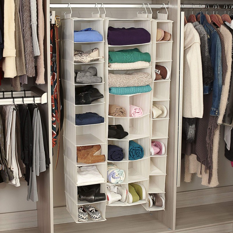 Household Essentials Hanging Shoe Organizer, Natural Canvas, With Clothes Storage,