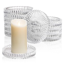 Elsjoy 12 Pack 4 Inch Glass Pillar Candle Holder Plate, Round Clear Glass Candle Tray Ribbed Pillar Candle Coaster, Modern Pillar Candle Dish Small Candle Stand for Wedding, Party, Table Centerpiece