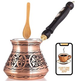 Erbulus 12 Oz Copper Turkish Greek Arabic Coffee Pot with Fortune App and Wooden Handle (4 cups), Cezve Turkish Coffee Pot, Ibrik, Briki Greek Coffee Pot, Hammered Turkish Coffee Maker