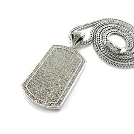 Shiny Jewelers USA Mens Iced Out Hip Hop Large Gold Silver Cz Dog Tag Pendant 4mm 36" Franco Chain Necklace (Silver)