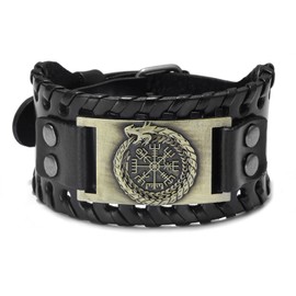 Thajaling Runic Compass Bracelet, Handmade Leather Cuff Bracelet, Celtic Pagan Bracelet, Nordic Viking Bracelet for Men (yellow)