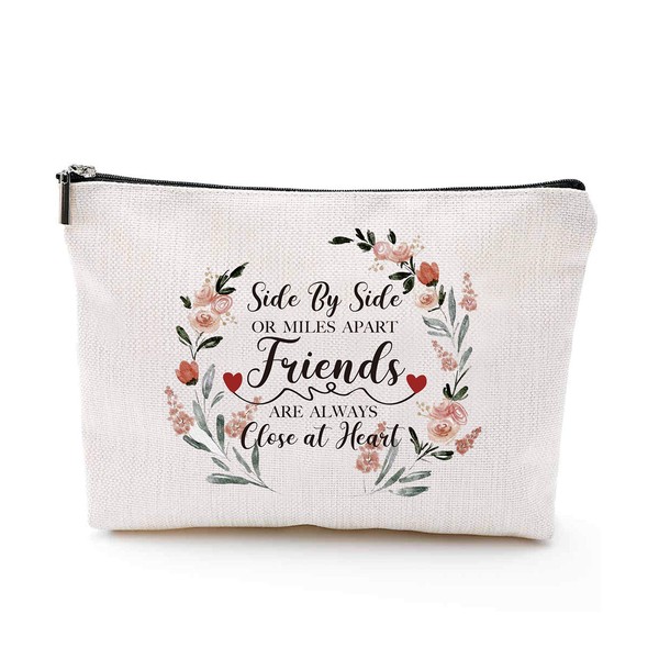 easycozy Funny Makeup Bag - Side by Side or Miles Apart Travel Portable Makeup Bag Long Distance Friendship Gifts for Best Friend Sister Beast Girlfriends Makeup Bag, beige