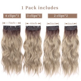 4PCS 20 Inches Long Blonde Hair Extensions Clip in Synthetic Hair Extensions Soft Wavy Hair Extensions for Women (Ombre Chocolate Brown Mix Ash Blonde, R6/88#)