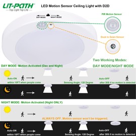 LIT-PaTH LED Flush Mount Ceiling Light, Closet Lighting Fixture with Motion Sensor and Dusk to Dawn, 10.5W, 800 Lumen, 6.2 Inch, Anti-Rust Galvanized Housing, White Finish 5000K 4-Pack