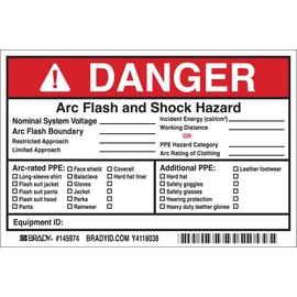 Brady 145974 Arc Flash Labels, Adhesive, Vinyl, 4" x 6" x 0.004", Black/Red On White (Pack of 5)