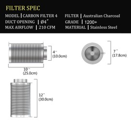 Vanleno 4inch Carbon Filter Odor Control with Australia Virgin Charcoal Two Prefilter 1 Pair Rope Hanger Included for Inline Duct Fan, Grow Tent, Hydroponics, Odor Scrubber