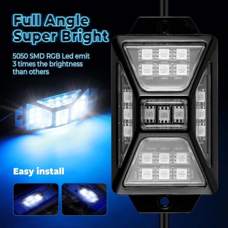 10 Pods Full Angle RGB Rock Lights Compatible with 12V-24V