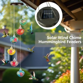 LUJII Solar Wind Chime Hummingbird Feeders for Outdoors, Lighted LED Wires, 6 Hand Blown Glass Reservoirs, RGB Lights, Heart Shaped