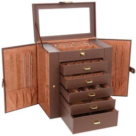 Kendal Extra Large Jewelry Box Jewelry Case PU Leather 6 Tier 5 Drawers Large Storage Capacity with Mirror Jewelry Storage Organizer Great Gift Also Good For Watches LJC-SHD5BN (Brown)
