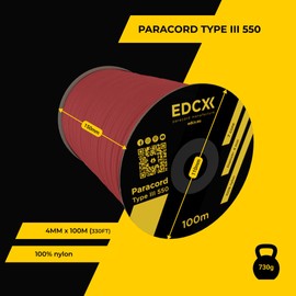 EdcX 4mm Nylon Paracord 550 100m (330 feet) - Type III, 100% Nylon Rope, 7 Strand Rope, 4mm Nylon Rope in Solid Colors (Red, 100 m)