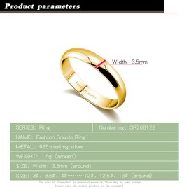 Dankadi Simple Fashion 925 Sterling Silver 24K Gold Plated Ring Smooth Plain Dome Comfort Solid Silver Ring Wedding Engagement 3.5 mm Ring 3-13# (Simple style gold, 3)