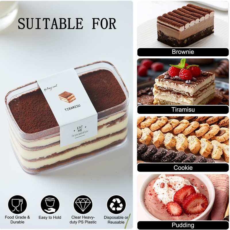 Plastic Dessert Cups with Lids and Sporks,Stickers,Tiramisu Containers,Cookie Containers,Clear Food