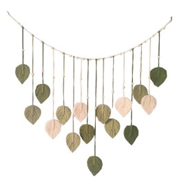 TourKing Macrame Leaf Wall Hanging, Boho Wall Art Decor with Wooden Beads, Green and Beige Woven Leaves for Living Room, Bedroom, Apartment