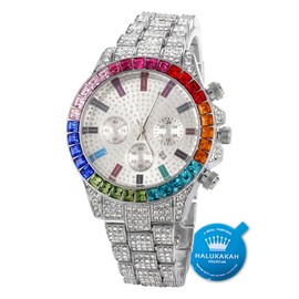 HALUKAKAH Multicolor Diamonds Gold Watch Iced Out,Men's Platinum White Gold Plated 40MM Width White Dial Quartz Wristband 21cm,Free Giftbox