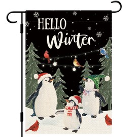 DLZDN Hello Winter Penguin Garden Flag 12×18 Inch Double Side Vertical Burlap Farmhouse Yard Sign Winter Christmas Outdoor Decoration