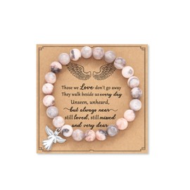 COLORFUL BLING Angel Natural Stone Beaded Strand Adjustable Bracelet with Meaningful Card Inspirational for Women Jewelry Gifts Wristbands Faith Memorial Sympathy Religious-Pink