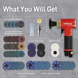 Pneumatic Mini Orbital Sander Grinder Polisher Kit, 2 inch Air Right Angle Surface Prep Tool with 41pcs Roll Lock Discs