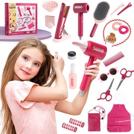 21Pcs Girls Hair Salon Toys, Beauty Salon Set with Pretend Play Hair Salon Stylist Toy Kit with Barber Apron, Hair Dryer, Mirror, Scissors and Styling Accessories