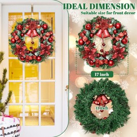 Christmas Wreath Decorations - 17" Christmas Wreaths for Front Door with Merry Christmas Sign, Christmas Door Wreath with Red Bowknot Bells Poinsettia Christmas Balls for Indoor Outdoor Home Decor