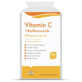 Vitamin C + Bioflavonoids Capsules - 90 Premium Vegan Capsules | Support for a Healthy Immune System | High Strength Ascorbic Acid with Added Bioflavonoids – Made in The UK by Hellenia