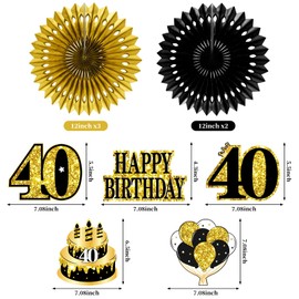 Zirtorei 40th Birthday Decorations Set 40 Hanging Honeycomb Round Paper Fans, Black Gold Happy 40th Birthday Photo Booth Backdrop