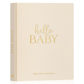 Lanpn - Diario del bebé primeros 5 años para niña niño, tapa dura lino libro de recuerdos 154 páginas padres nuevos, álbum regalo, beige, inglés