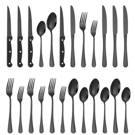 24-Piece Black Silverware Set with Steak Knives Black Stainless Steel Flatware Set for 4 Food Grade Tableware Cutlery Set Rust-proof, Mirror Polished, Dishwasher Safe
