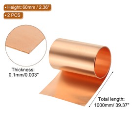 PATIKIL 2.4in x 3.3ft Copper Thin Foil Sheet Roll, 2 Pcs 99.9% Pure Copper Tape Strip 4Mil (0.1mm) Flashing Metal Sheet Foil Plate for DIY Crafts Repairs Electrical Decoration