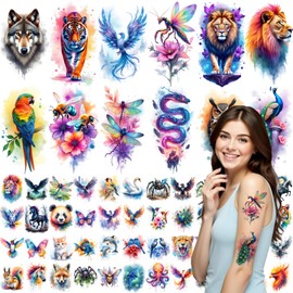 75 Pcs Watercolor Temporary Tattoo Stickers Decoration for Adult 4.7 Inch 3D Realistic Animal Insect Themed Temporary Tattoos Sticker Bulk Fake Mixed Style Sleeve Stickers for Women Men Decor Supplies