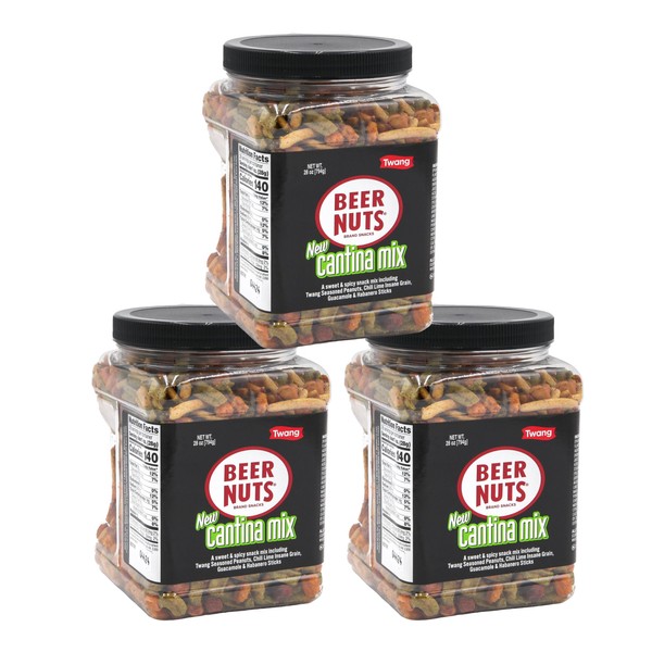 BEER NUTS Cantina Mix with Twang - Twang Seasoned Peanuts, Chili Lime Insane Grain, Guacamole & Habanero Sticks - Party Size 28oz Resealable Jar (Pack of 3)