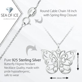Sea of Ice Silver Butterfly Necklace – 18 Inch Sterling Silver Butterfly Chain – Elegant Filigree Pendant Necklace for Women, Sterling Silver, No Gemstone