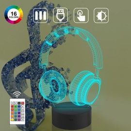 CooPark Headset Creative 3D Night Light, 16 Color Changing with Remote Control USB Power, Game Headphone Optical Illusion Lamp Unique Room Decor for Teen Boy Men