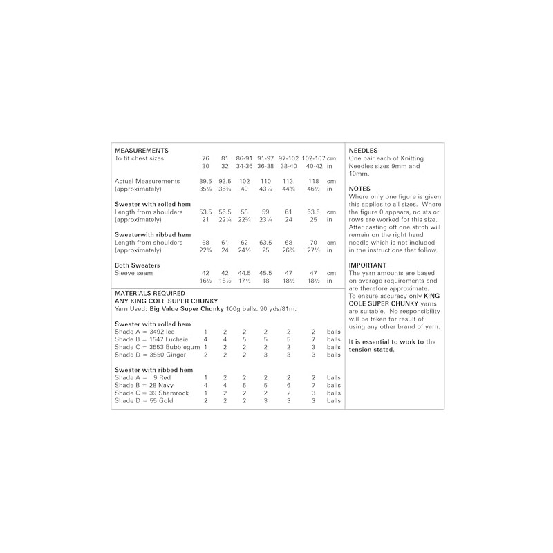 King Cole 6005 Adult Super Chunky Knitting Pattern