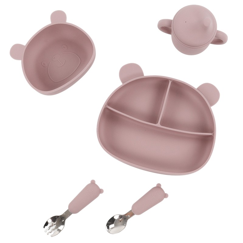 5pcs Baby Feeding Kit Food Grade Silicone Bear Design Plate