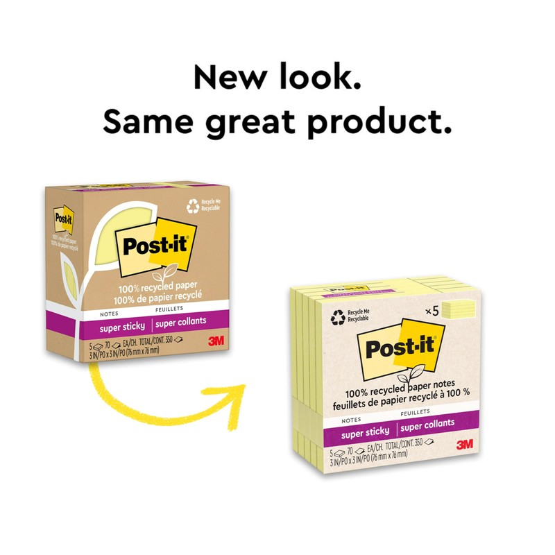 Post-it 100% Recycled Super Sticky Notes, 3 x 3 in,
