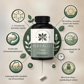 Herbalist Fokus Komplex – 100 Kapseln mit Ginseng, Rhodiola, Koffein, L-Tyrosin, Brahmi & Ginkgo – Natürliche Rezeptur für den Alltag, laborgeprüft, ohne Zusätze