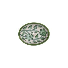 Tranquillo Blue Pottery Stoneware Oval Soap Dish with Floral Green Print with Holes for Drainage 13 x 10 x 4 cm