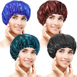 4 Pack Satin Bonnets Sleep Caps,Soft Elastic Satin Bonnet,Silky Hair Bonnet,Comfortable Silk Bonnet,Satin Night Hair Caps for Women,Satin Silk Bonnet for Sleeping (Blue,Brown,Green,Black)