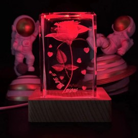 Toolzia 3D Crystal Rose Night Light with Wood Base