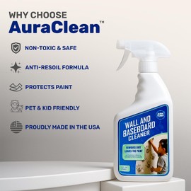 AuraClean Wall & Baseboard Cleaner - Safe for Painted Walls & Trim | Eco-Friendly, No-Rinse, Kid & Pet-Safe | Anti-Resoil, Streak-Free Finish | Made in the USA | 32 oz Spray (1 Quart)